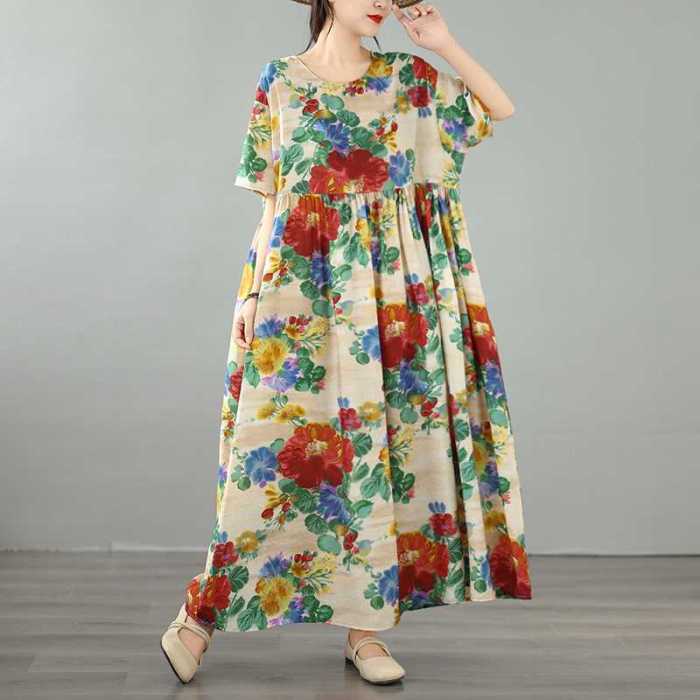 Increase the size of the loose-fitting short-sleeved round-neck printed dress  DLZHQ14609