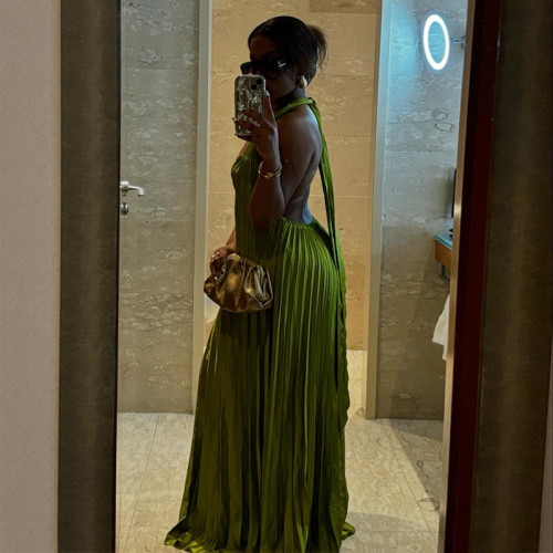 New sweet and fresh V-neck backless pleated oversized floor-length dress with collar  DLZD261106