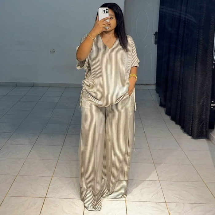 New casual loose V-neck striped short-sleeved top + wide-leg pants Two-piece set / Dress set  DLZTZ2640