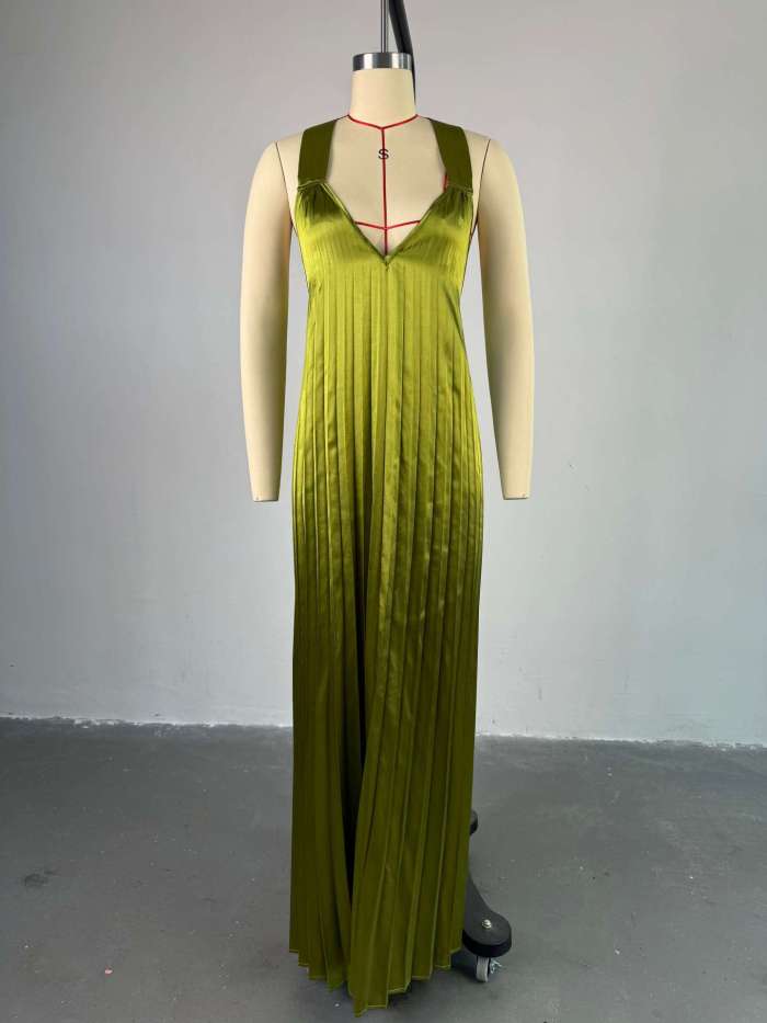 New sweet and fresh V-neck backless pleated oversized floor-length dress with collar  DLZD261106