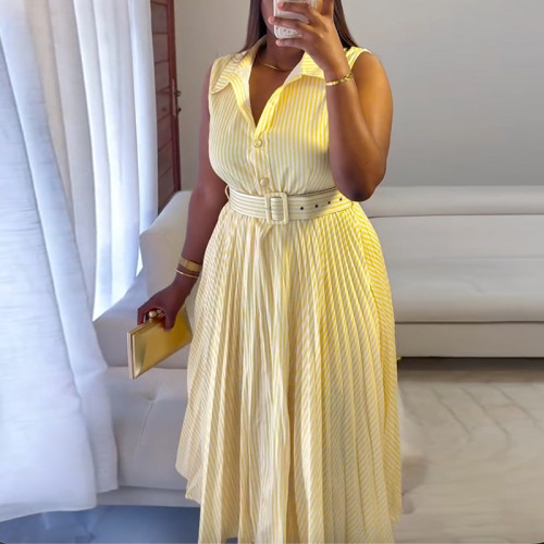 New style elegant and fashionable striped v-neck lace pleated sleeveless dress  DLZQ265
