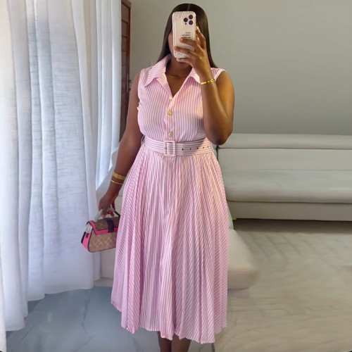New style elegant and fashionable striped v-neck lace pleated sleeveless dress  DLZQ265
