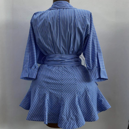 New trendy collarless blue and white striped lace irregular blouse dress DLZCS26005