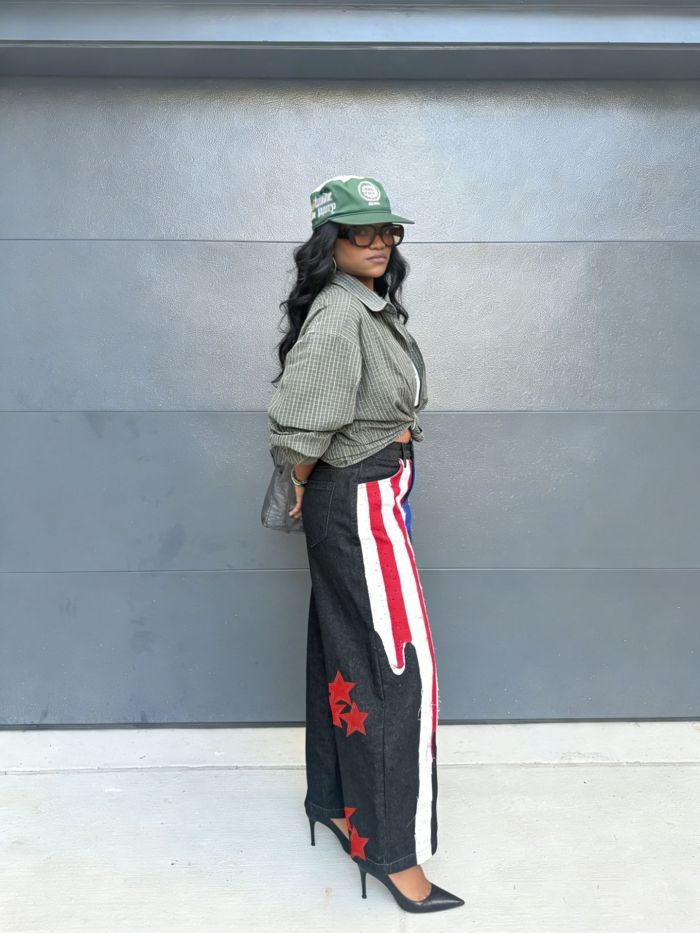 Black heavy-duty irregular flag-patterned beaded curved knife jeans  DLZNZ18301