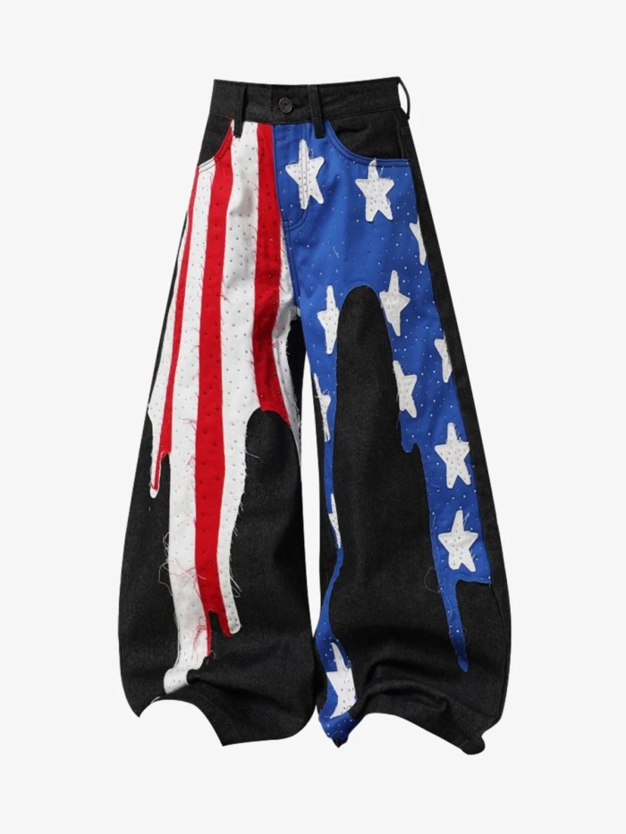 Black heavy-duty irregular flag-patterned beaded curved knife jeans  DLZNZ18301
