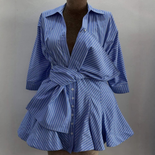 New trendy collarless blue and white striped lace irregular blouse dress DLZCS26005