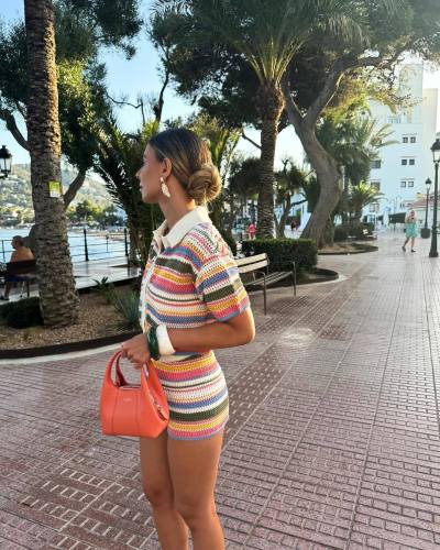 New striped short-sleeved button-down knitted cardigan for casual high-waisted shorts with striped knitted set  DLZTZ6509