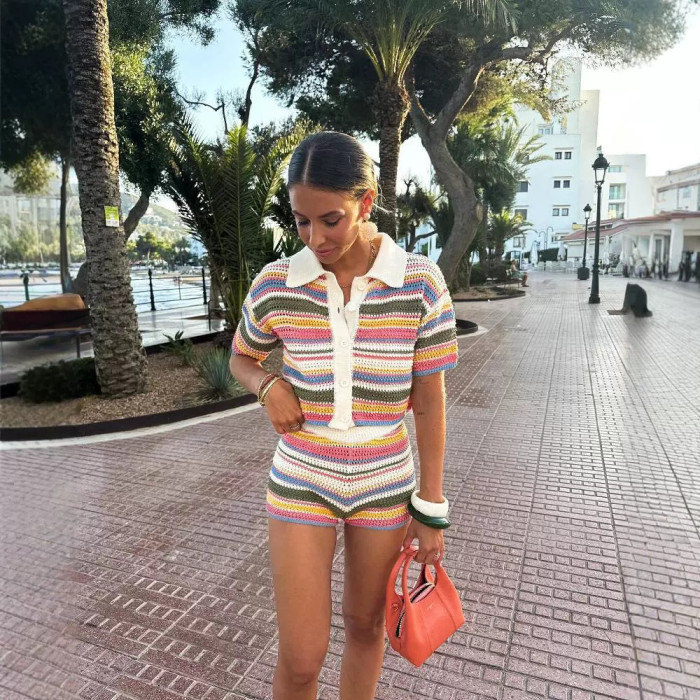 New striped short-sleeved button-down knitted cardigan for casual high-waisted shorts with striped knitted set  DLZTZ6509