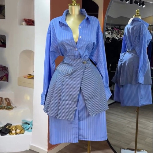 New trendy collarless blue-striped long-sleeved shirt with waist belt and casual suit set  DLZTZ17805