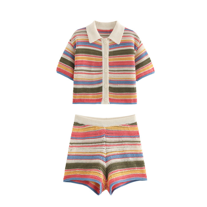New striped short-sleeved button-down knitted cardigan for casual high-waisted shorts with striped knitted set  DLZTZ6509