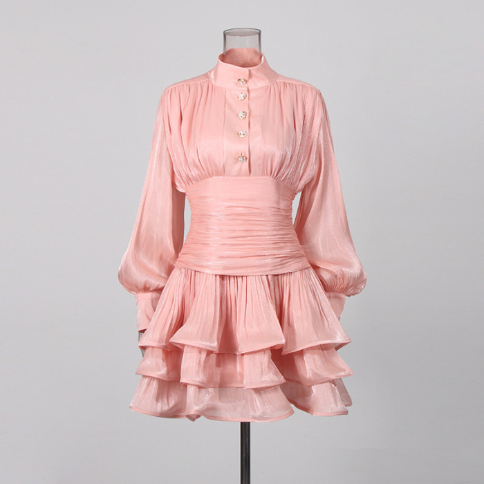 Solid Spliced Ruffles Dress Female Stand Collar Long Sleeve Loose French Elegant Women's Dresses Autumn Fashion New  DLZQ416