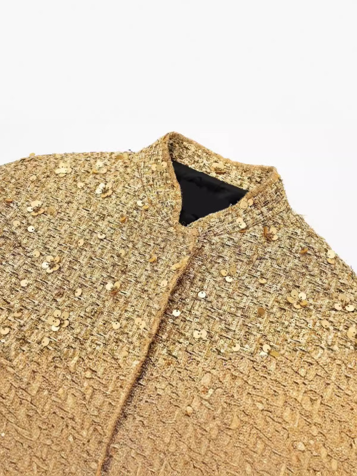 Streetwear style golden sequin embellished jacket with pocket outerwear  DLZWT26408
