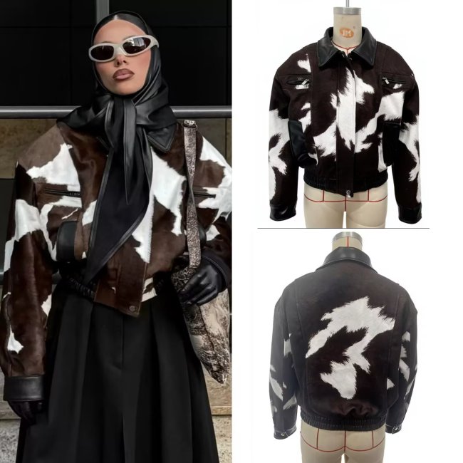New American street style unhooded versatile short sleeve cow pattern jacket  DLZWT36101