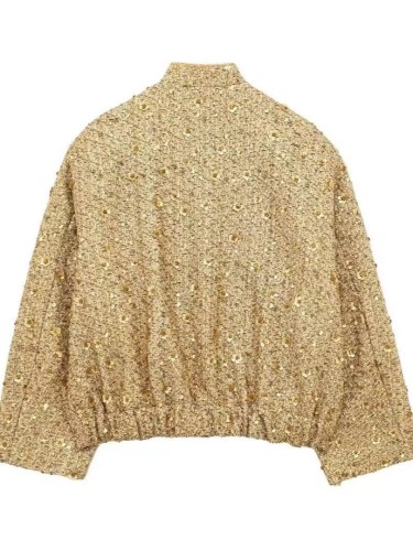 Streetwear style golden sequin embellished jacket with pocket outerwear  DLZWT26408