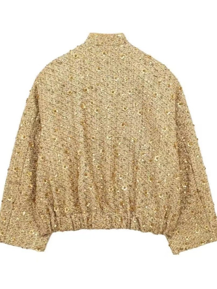 Streetwear style golden sequin embellished jacket with pocket outerwear  DLZWT26408