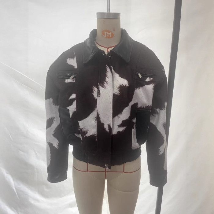 New American street style unhooded versatile short sleeve cow pattern jacket  DLZWT36101