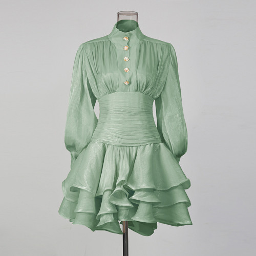 Solid Spliced Ruffles Dress Female Stand Collar Long Sleeve Loose French Elegant Women's Dresses Autumn Fashion New  DLZQ416