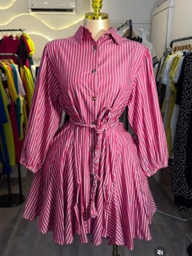 New style striped shirt with a turned-down collar, one row of buttons, drawstring waist, and full-length dress