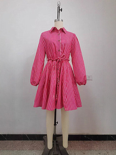 New style striped shirt with a turned-down collar, one row of buttons, drawstring waist, and full-length dress