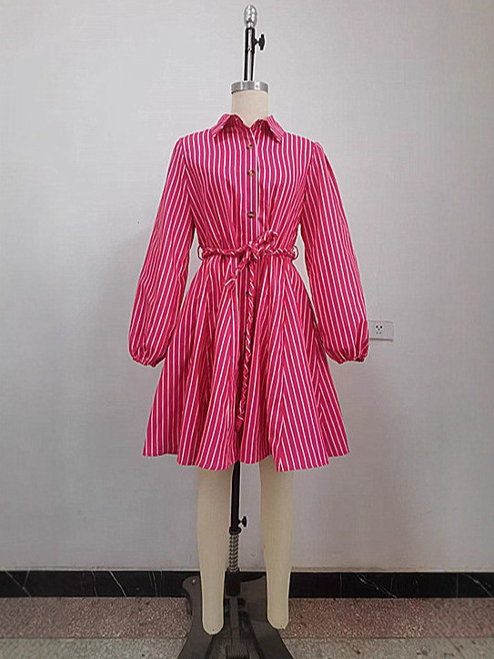 New style striped shirt with a turned-down collar, one row of buttons, drawstring waist, and full-length dress