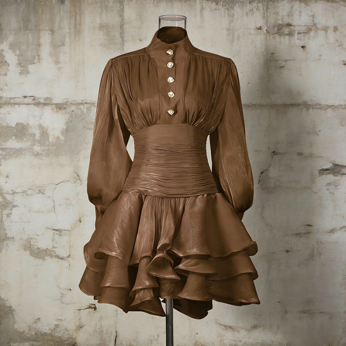 Solid Spliced Ruffles Dress Female Stand Collar Long Sleeve Loose French Elegant Women's Dresses Autumn Fashion New  DLZQ416