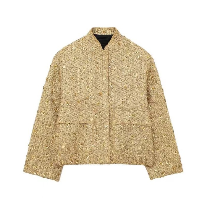 Streetwear style golden sequin embellished jacket with pocket outerwear  DLZWT26408