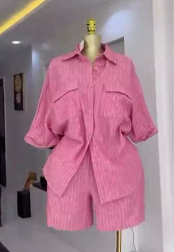 New striped v-neck button-down shirt with pockets, short straight pants, a fashionable and casual two-piece set  DLZ4160