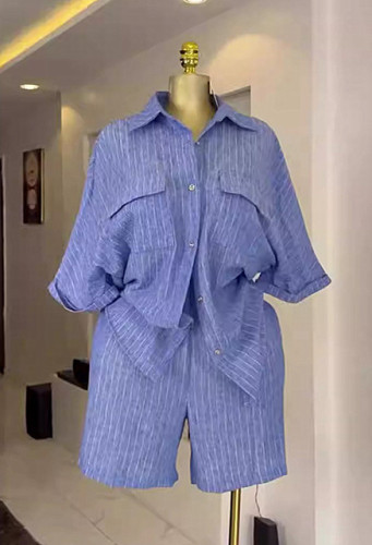 New striped v-neck button-down shirt with pockets, short straight pants, a fashionable and casual two-piece set  DLZ4160