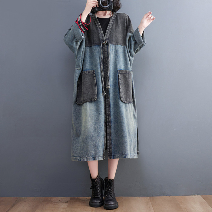 New style denim color-block V-neck mid-length retro distressed loose large-sized long-sleeved windbreaker coat   DLZWT265105
