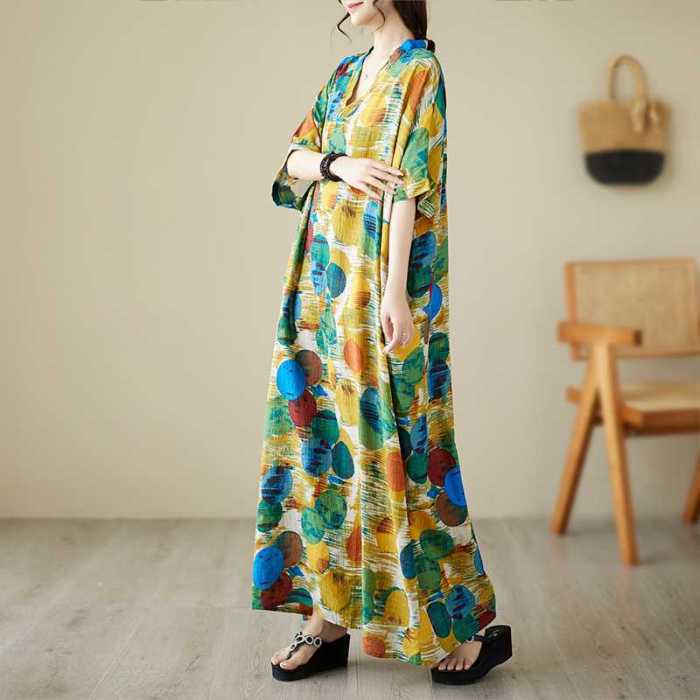 New V-neck cotton and linen oversized loose-fitting vintage-style long dress with a retro vibe  DLZQ418