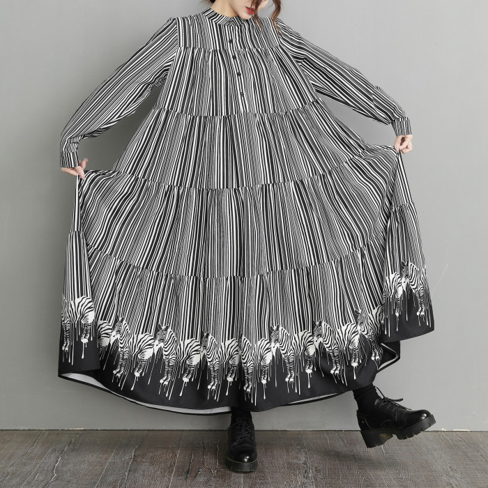 New long-sleeved long-style striped patchwork retro-style loose large-sized women's dress  DLZQZ14401