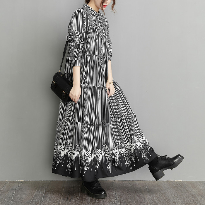 New long-sleeved long-style striped patchwork retro-style loose large-sized women's dress  DLZQZ14401