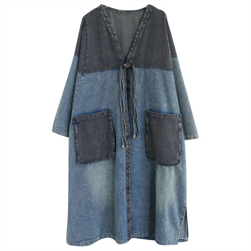 New style denim color-block V-neck mid-length retro distressed loose large-sized long-sleeved windbreaker coat   DLZWT265105