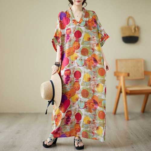 New V-neck cotton and linen oversized loose-fitting vintage-style long dress with a retro vibe  DLZQ418