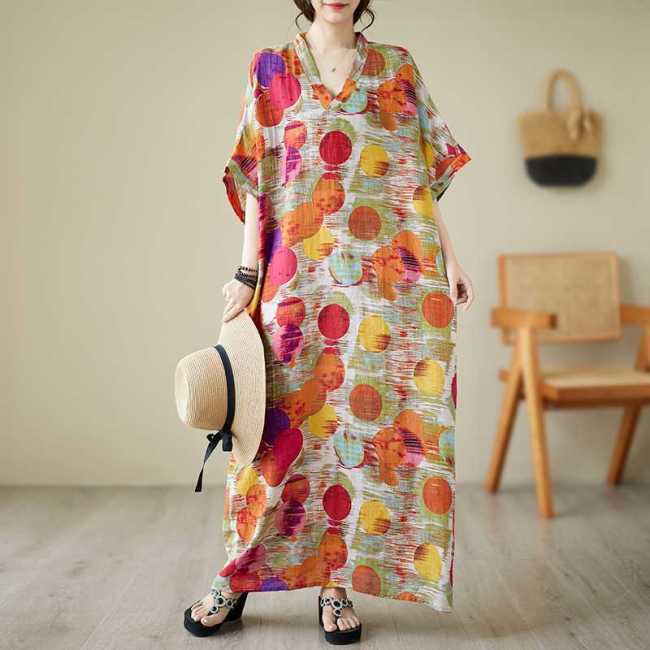 New V-neck cotton and linen oversized loose-fitting vintage-style long dress with a retro vibe  DLZQ418