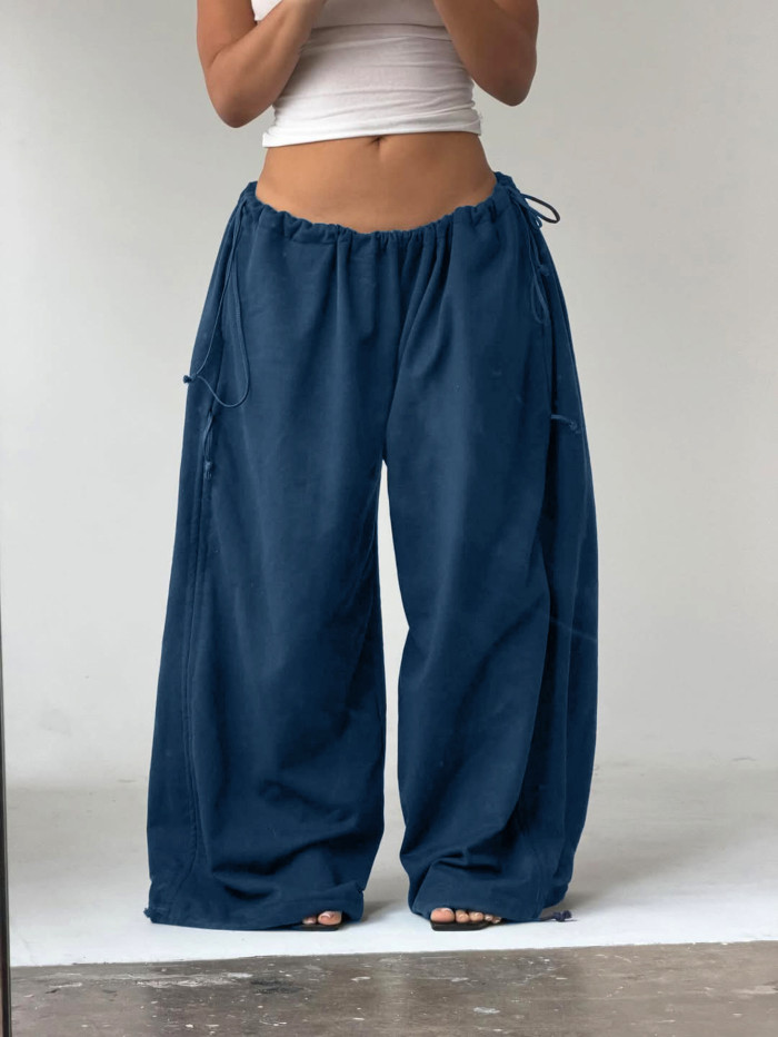 New trendy relaxed high-waist casual multi-purpose stretch drawstring loose wide-leg pants  DLZKZ340