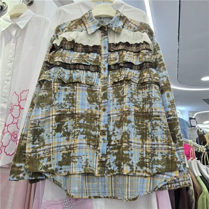 Plaid layered wooden earpiece stitched design blouse for women DLZCS430