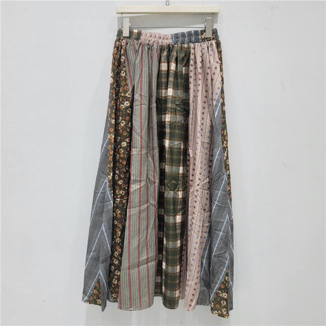 Retro patchwork high-waisted mid-length skirt with floral print and wide hem, women's style DLZB1509