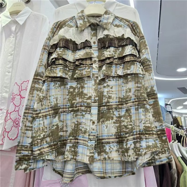 Plaid layered wooden earpiece stitched design blouse for women DLZCS430