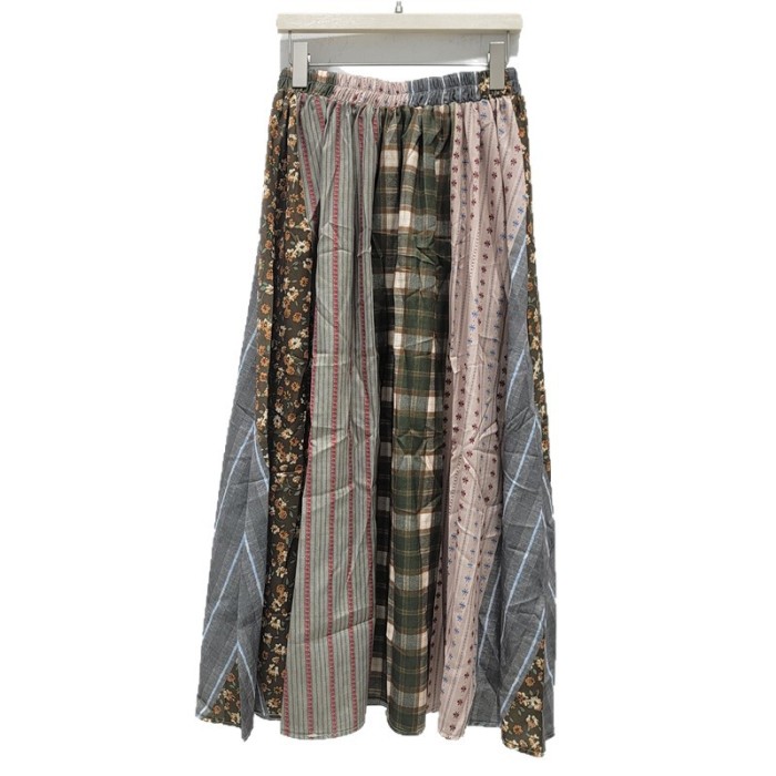 Retro patchwork high-waisted mid-length skirt with floral print and wide hem, women's style DLZB1509