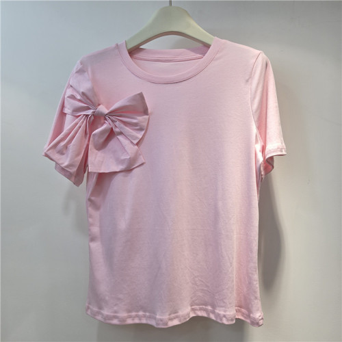 Three-dimensional bow tie round-neck solid-color short-sleeved T-shirt  DLZC84
