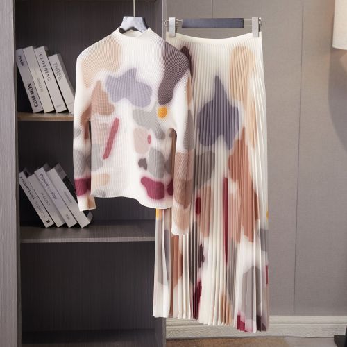 New style pleated top + midi skirt two-piece set - elegant women's clothing with European cross-border style  DLZTZ2642