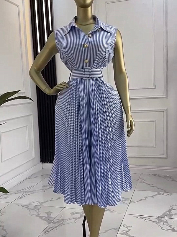 Striped V-neck sleeveless dress with adjustable waist tie and long style  DLZQ422