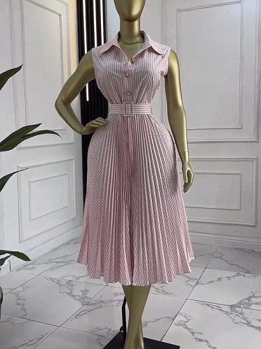 Striped V-neck sleeveless dress with adjustable waist tie and long style  DLZQ422
