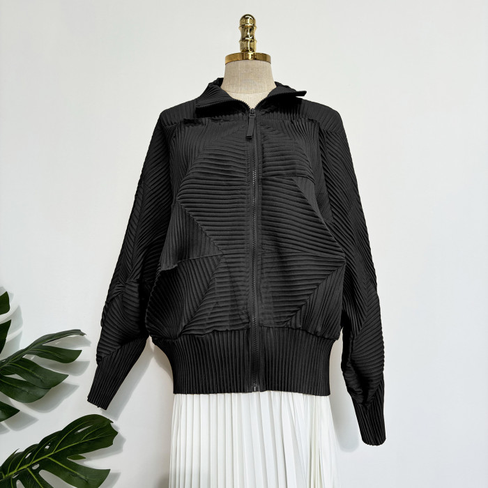 All-purpose casual style zipper-styled wrinkled batwing sleeve top DLZWT950