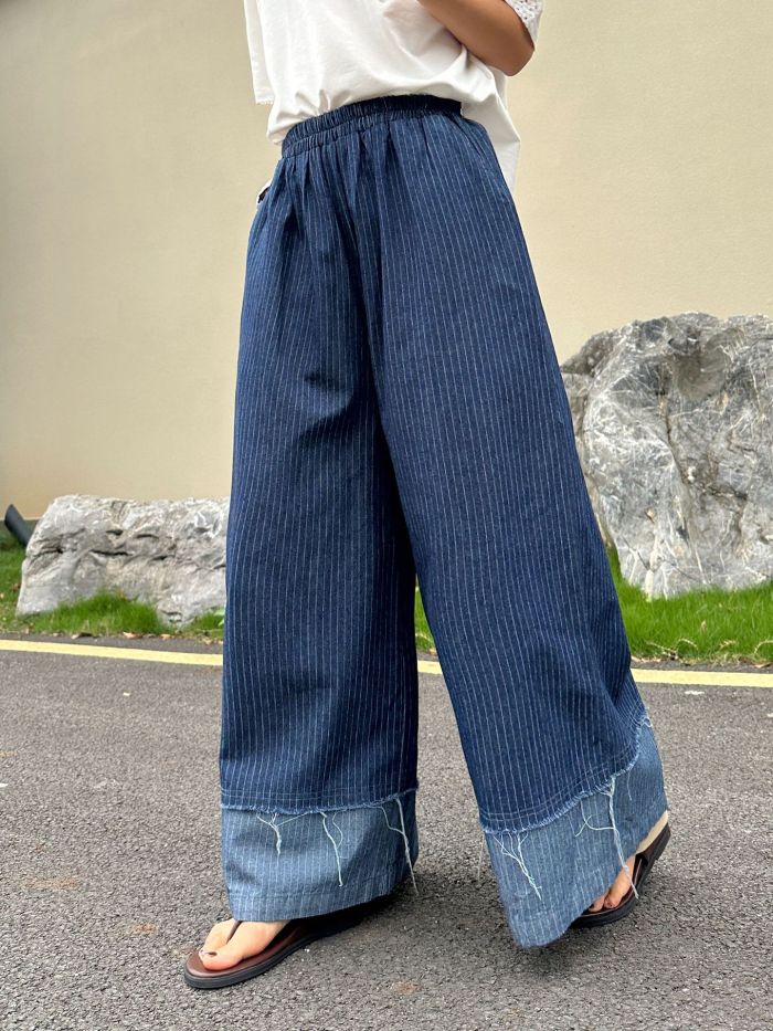 High Elastic Waist Blue Striped Denim Long Wide Leg Jeans Pants New Trousers Women Fashion Tide Spring Autumn  1DJ7211