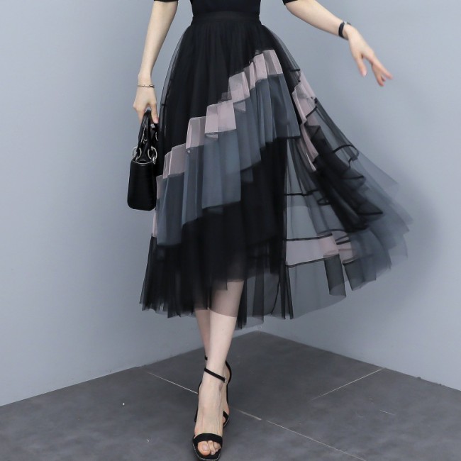 New summer soft style high-waisted pleated net fabric A-line skirt with draping effect  DLZ2642501