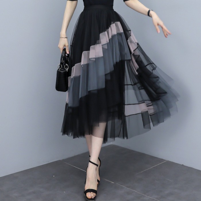 New summer soft style high-waisted pleated net fabric A-line skirt with draping effect  DLZ2642501