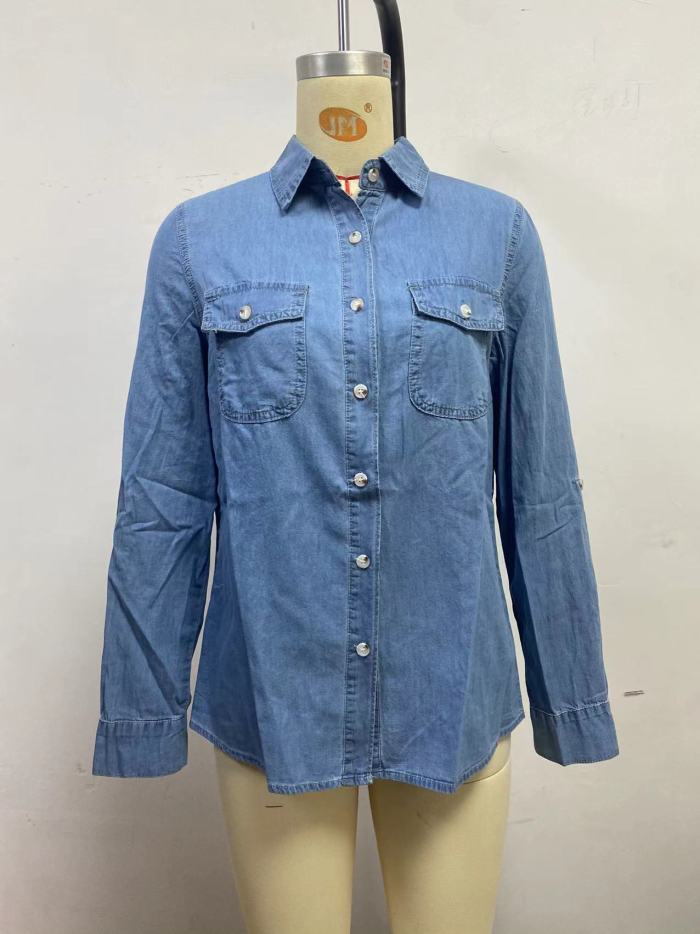 Casual crew-neck single-button women's long-sleeved denim shirt  DLZC0425