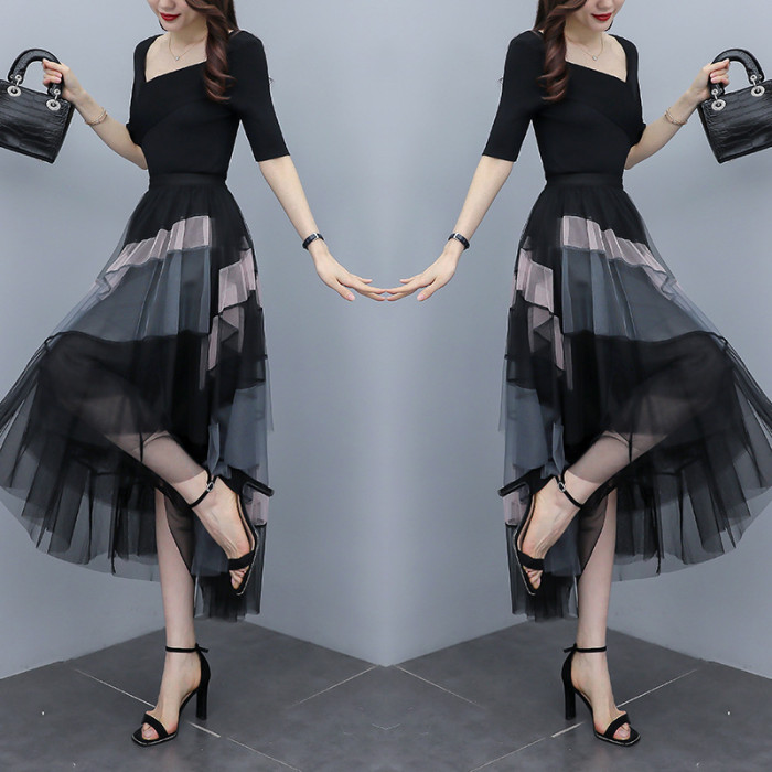 New summer soft style high-waisted pleated net fabric A-line skirt with draping effect  DLZ2642501